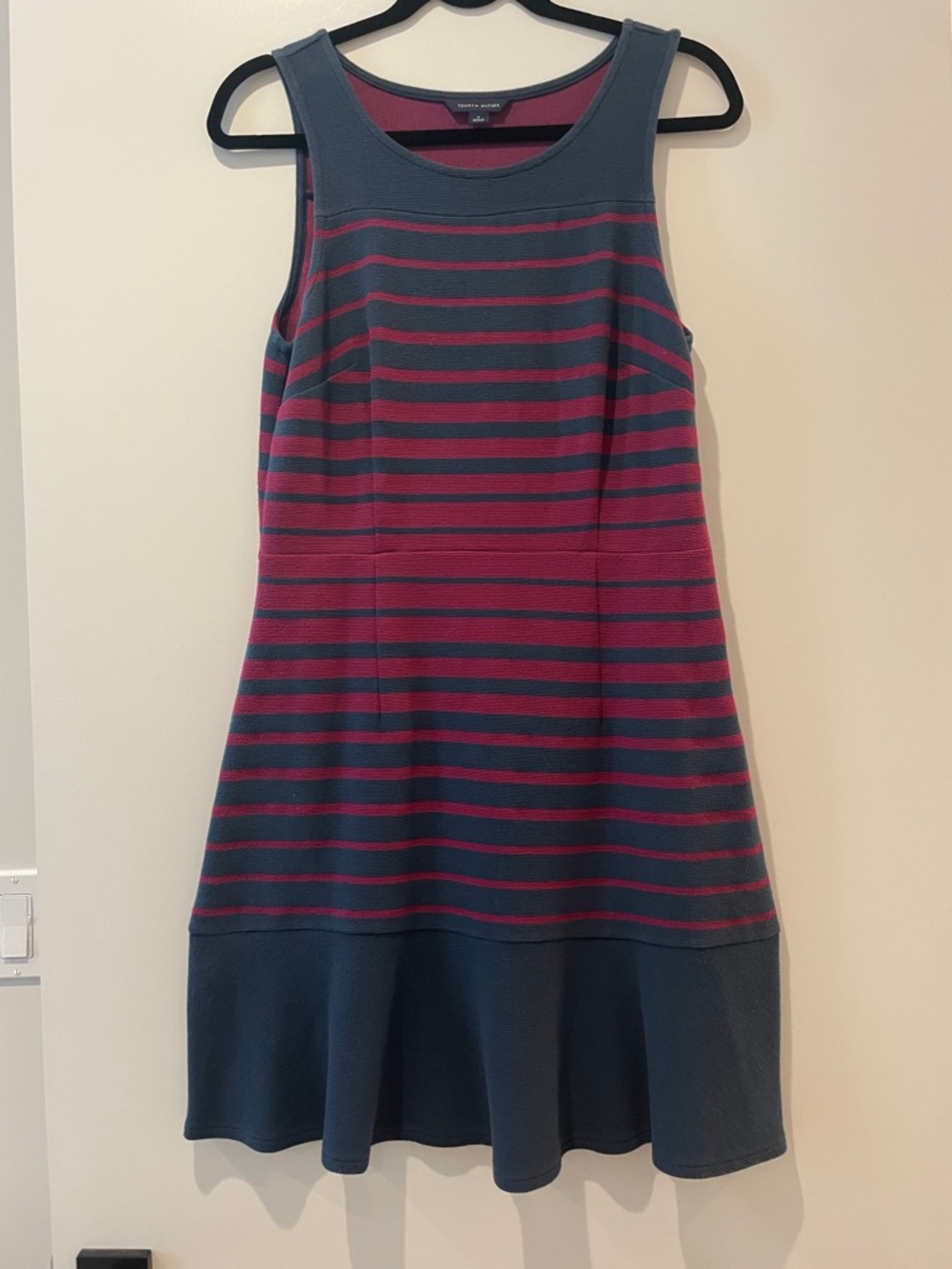 Tommy Hilfiger Navy and Berry Striped Sleeveless Midi Dress